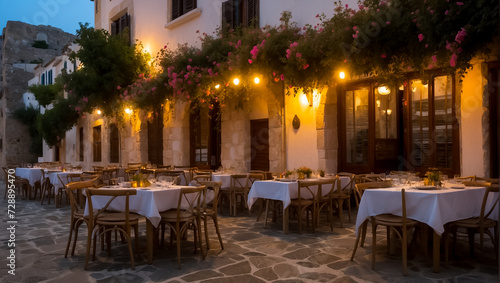 Fototapeta Naklejka Na Ścianę i Meble -  Beautiful summer street cafe in the evening in Greece vacation