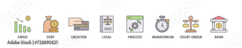 Bankruptcy icon set flow process illustrationwhich consists of bank ,court order, legal, moratorium, process, creditor, debt, crisis icon live stroke and easy to edit 