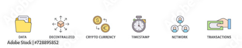 Blockchain icon set flow process illustrationwhich consists of data, decentralized, crypto currency, timestamp, network and transactions icon live stroke and easy to edit 