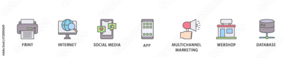 Cross media icon set flow process illustrationwhich consists of print, internet, social media, app, multichannel marketing, webshop and database icon live stroke and easy to edit Cross media icon set flow process illustrationwhich consists of print, internet, social media, app, multichannel marketing, webshop and database icon live stroke and easy to edit