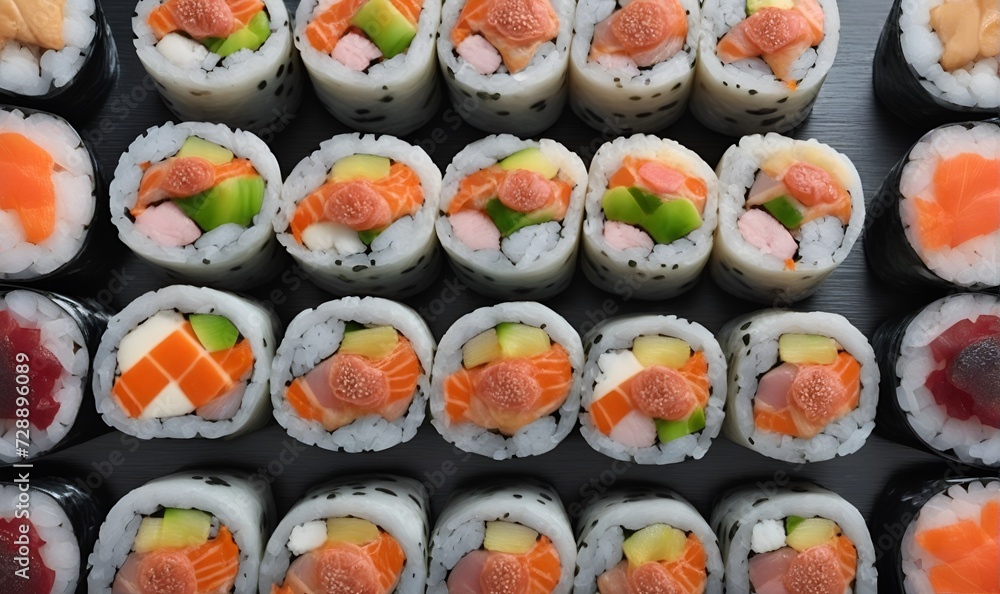 Sushi set, rolls, Sushi with seafood, rice, salmon, a dish of traditional Japanese cuisine Sushi set, rolls, Sushi with seafood, rice, salmon, a dish of traditional Japanese cuisine