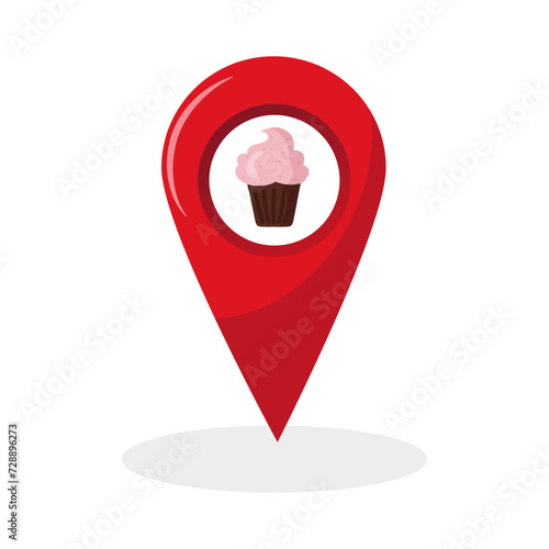 Point pin location icon with cupcake   photo