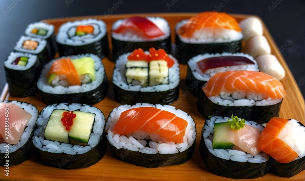 Sushi set, rolls, Sushi with seafood, rice, salmon, a dish of traditional Japanese cuisine Sushi set, rolls, Sushi with seafood, rice, salmon, a dish of traditional Japanese cuisine