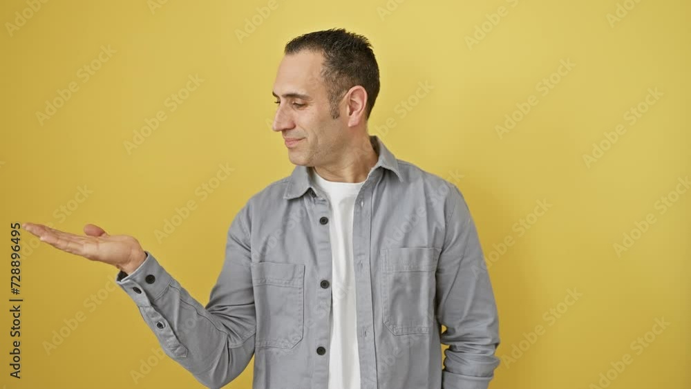 Cheerful, young hispanic guy in shirt, standing and pointing with a welcoming palm gesture. he's happily presenting something, looking directly and smiling for the isolated yellow background shot. Cheerful, young hispanic guy in shirt, standing and pointing with a welcoming palm gesture. he's happily presenting something, looking directly and smiling for the isolated yellow background shot.