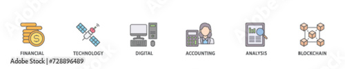 Fintech icon set flow process illustrationwhich consists of financial, technology, digital, accounting, analysis and blockchain icon live stroke and easy to edit 
