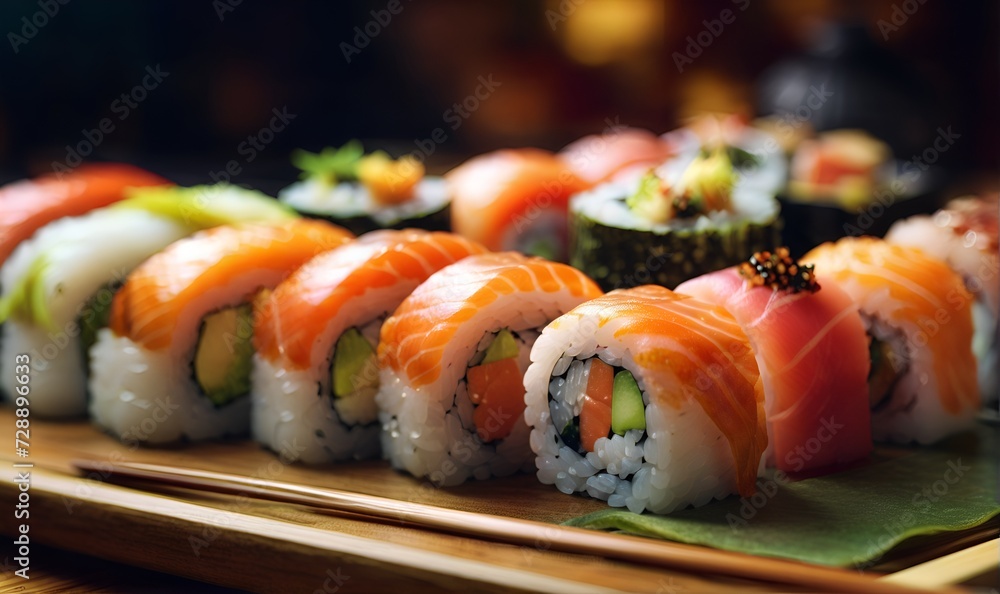 Sushi set, rolls, Sushi with seafood, rice, salmon, a dish of traditional Japanese cuisine