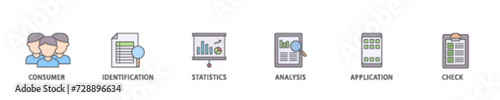 Kyc icon set flow process illustrationwhich consists of analysis, check, application, statistics, identification, consumer icon live stroke and easy to edit 