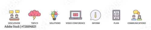 Meeting icon set flow process illustrationwhich consists of communications, topics, solutions, plan, inform and video conference  icon live stroke and easy to edit 
