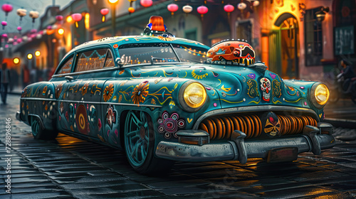 illustration of a car painted for Mexican Day of the Dead.