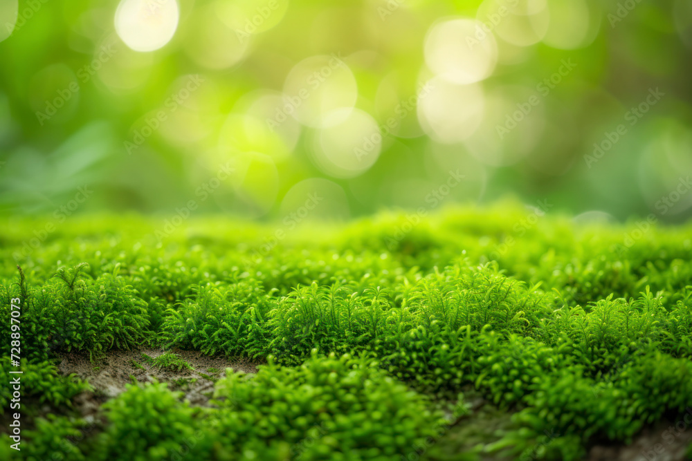 Beautiful green moss on the floor, moss closeup, macro.
