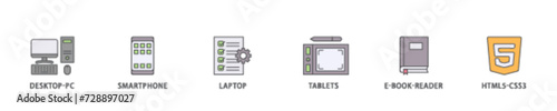 Responsive web design icon set flow process illustrationwhich consists of tablets, html5 css3, e book reader, laptop, smart phone, desktop pc icon live stroke and easy to edit 