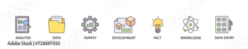 Research icon set flow process illustrationwhich consists of analysis, data, survey, development, fact, knowledge and data entry icon live stroke and easy to edit 