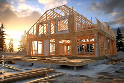 house Framed Construction, wooden house, inside construction site, wooden beams, photo