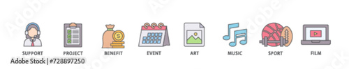 Sponsor icon set flow process illustrationwhich consists of film, sport, event, music, art, benefit, project, support icon live stroke and easy to edit 