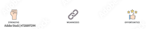 SWOT icon set flow process illustrationwhich consists of value, goal, break chain, low battery, growth, check, minus, and crisis icon live stroke and easy to edit 
