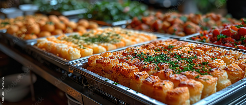 several trays of food are lined up on a table