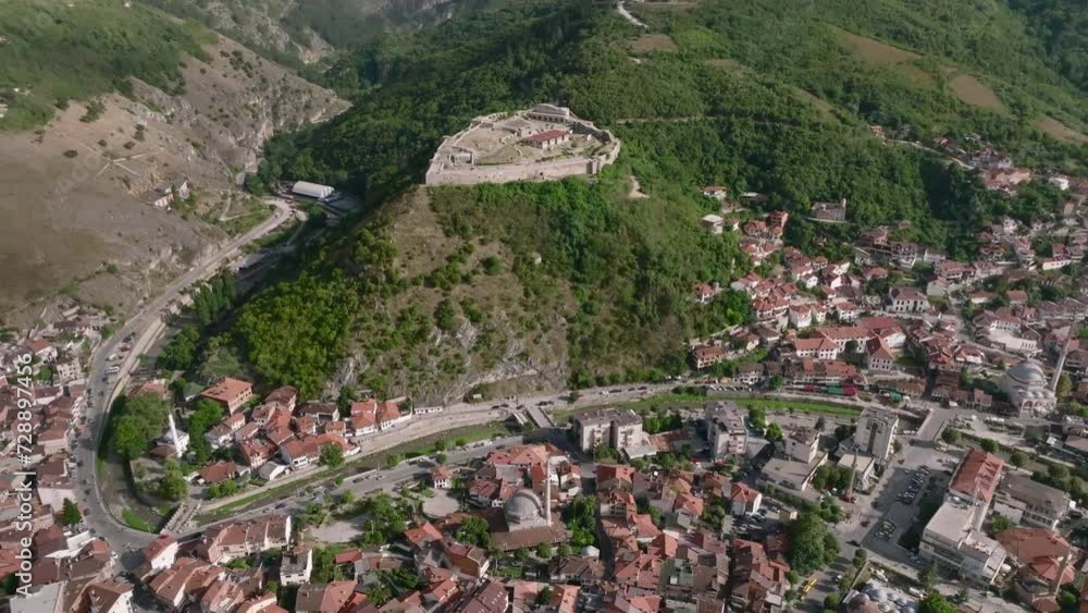 Aerial Cityscape of the historic town Prizren in Kosovo, Europe. Former Capital with Prizren Fortress on a Mountain Top