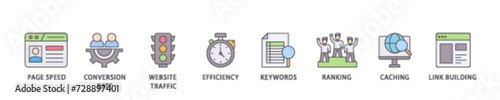 Website optimization icon set flow process illustrationwhich consists of page speed, conversion rate, website traffic, efficiency, keywords, ranking, caching  icon live stroke and easy to edit 