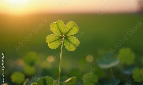 Four leaf clover bringing good luck on a green blurred background. St.Patrick 's Day
