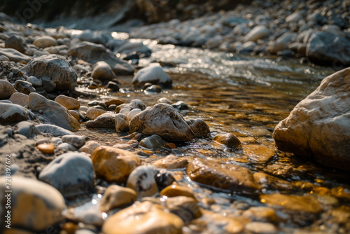 Empty rocky riverbank close up.