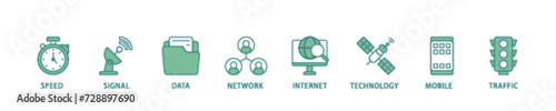 5G icon set flow process illustrationwhich consists of speed, signal, data, network, internet, technology, mobile and traffic icon live stroke and easy to edit 