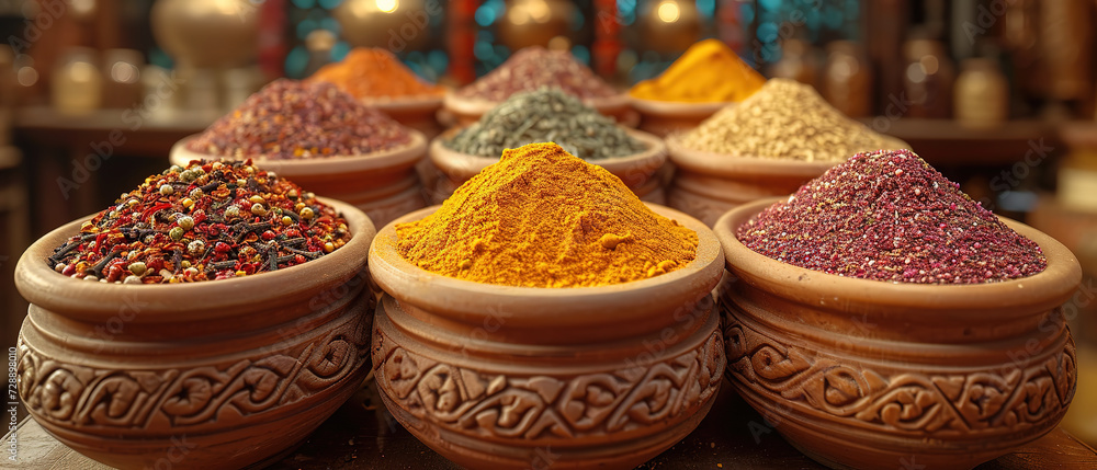 a bowls of spices are arranged in a row on a table
