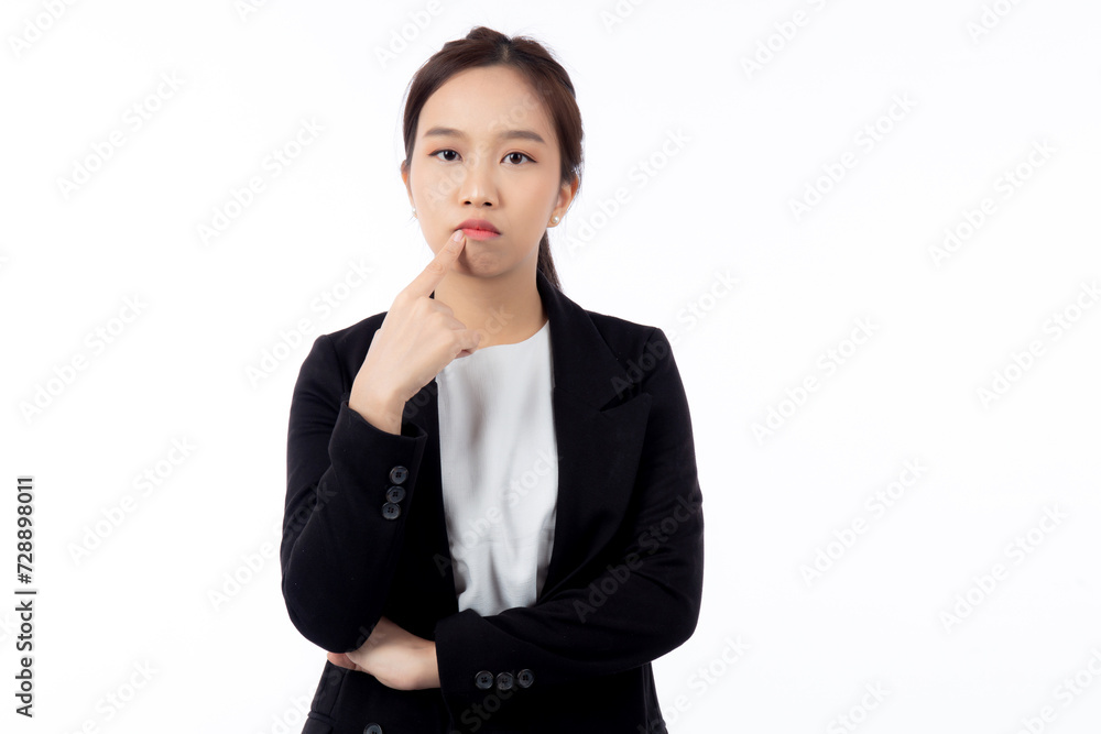 Portrait beautiful young asian businesswoman standing thinking idea with doubt for planning while serious isolated white background, business woman decision for choice with expression confused. Portrait beautiful young asian businesswoman standing thinking idea with doubt for planning while serious isolated white background, business woman decision for choice with expression confused.