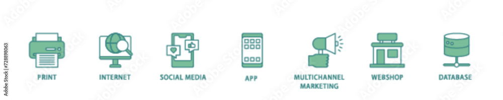 Cross media icon set flow process illustrationwhich consists of print, internet, social media, app, multichannel marketing, webshop and database icon live stroke and easy to edit Cross media icon set flow process illustrationwhich consists of print, internet, social media, app, multichannel marketing, webshop and database icon live stroke and easy to edit