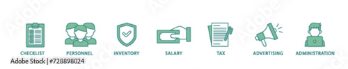 Cost reduction icon set flow process illustrationwhich consists of checklist, personnel, inventory, salary, tax, advertising and administration icon live stroke and easy to edit 