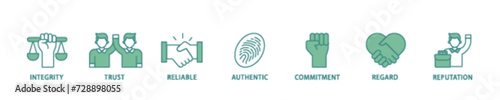 Credibility icon set flow process illustrationwhich consists of integrity, trust, reliable, authentic, commitment, regard, and reputation icon live stroke and easy to edit 