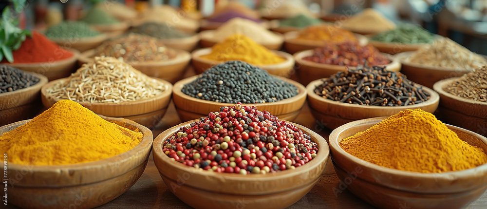 bowls of spices are arranged on a table in a market