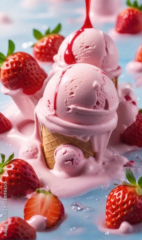 Ice cream in a waffle cup with cream and berries Ice cream in a waffle cup with cream and berries