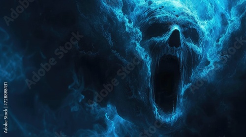 Abstract blue horror background with a ghost's skull