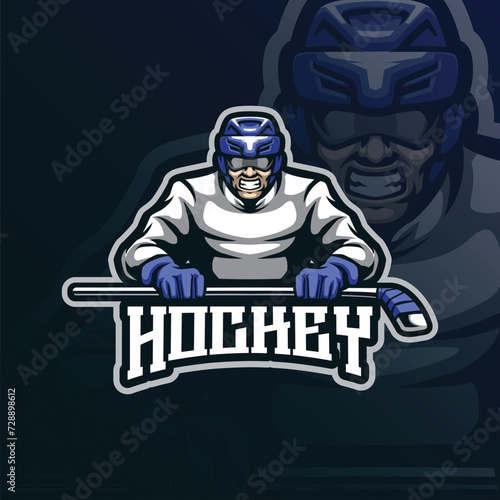 Hockey mascot logo design vector with modern illustration concept style for badge, emblem and t shirt printing. Hockey illustration with stick in hand.