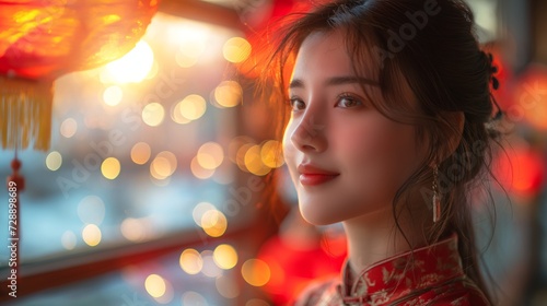 A beautiful Asian woman with a Chinese lantern festival as a background.