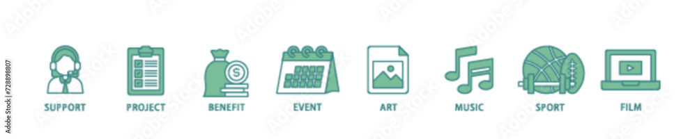 Sponsor icon set flow process illustrationwhich consists of film, sport, event, music, art, benefit, project, support icon live stroke and easy to edit Sponsor icon set flow process illustrationwhich consists of film, sport, event, music, art, benefit, project, support icon live stroke and easy to edit