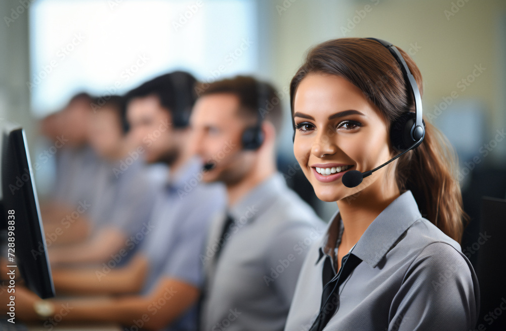 woman call center, Happy smiling woman, customer support, telemarketing company, working, communication and customer service woman call center, Happy smiling woman, customer support, telemarketing company, working, communication and customer service