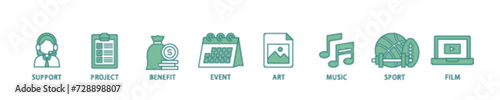 Sponsor icon set flow process illustrationwhich consists of film, sport, event, music, art, benefit, project, support icon live stroke and easy to edit 