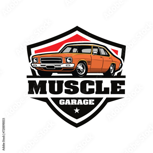 Muscle car garage badge emblem ready made logo vector illustration. Best for mechanic and garage related industry