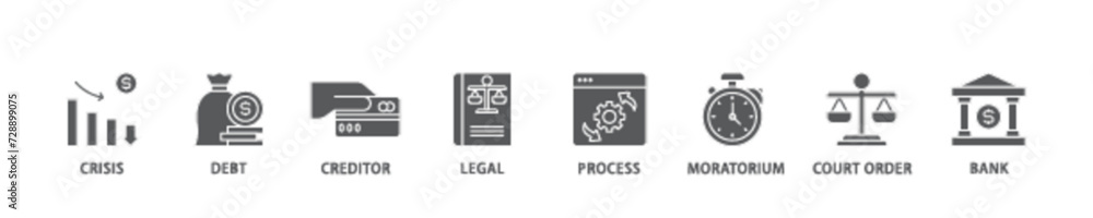Bankruptcy icon set flow process illustrationwhich consists of bank ,court order, legal, moratorium, process, creditor, debt, crisis icon live stroke and easy to edit Bankruptcy icon set flow process illustrationwhich consists of bank ,court order, legal, moratorium, process, creditor, debt, crisis icon live stroke and easy to edit
