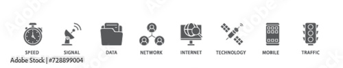 5G icon set flow process illustrationwhich consists of speed, signal, data, network, internet, technology, mobile and traffic icon live stroke and easy to edit 