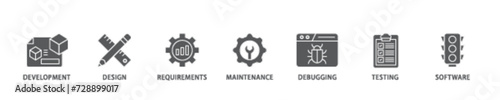 Agile icon set flow process illustrationwhich consists of development, design, requirements, maintenance, debugging, testing and software icon live stroke and easy to edit 