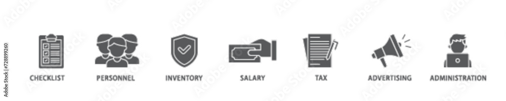 Cost reduction icon set flow process illustrationwhich consists of checklist, personnel, inventory, salary, tax, advertising and administration icon live stroke and easy to edit Cost reduction icon set flow process illustrationwhich consists of checklist, personnel, inventory, salary, tax, advertising and administration icon live stroke and easy to edit