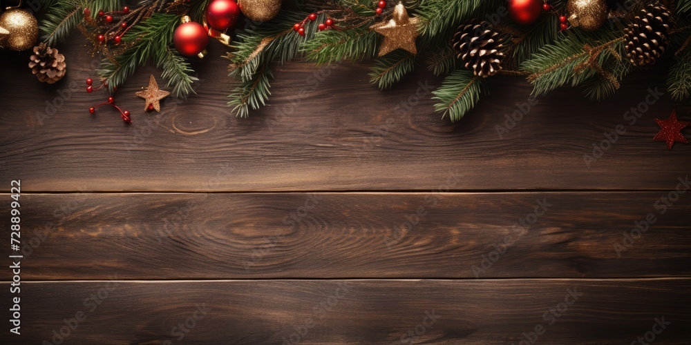 Festive background with Christmas tree and decorations on rustic wooden desk, perfect for winter. Festive background with Christmas tree and decorations on rustic wooden desk, perfect for winter.