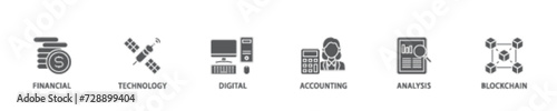 Fintech icon set flow process illustrationwhich consists of financial, technology, digital, accounting, analysis and blockchain icon live stroke and easy to edit 