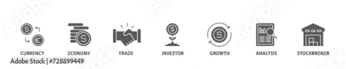 Forex icon set flow process illustrationwhich consists of currency, economy, trade, investor, growth, analysis and stockbroker icon live stroke and easy to edit 