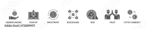 ICO icon set flow process illustrationwhich consists of crowdfunding, startup, investment, blockchain, risk, trust and cypto currency icon live stroke and easy to edit 