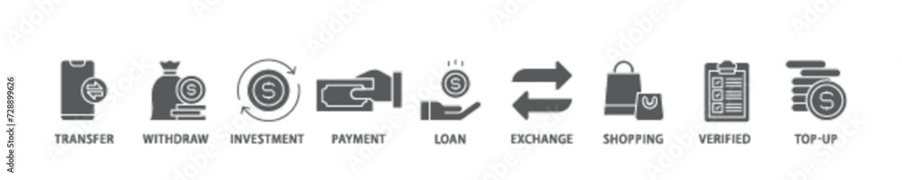 Mobile banking banner web icon illustration concept with icon of transfer, withdraw, investment, payment, loan, exchange, shopping, verified and top up icon live stroke and easy to edit Mobile banking banner web icon illustration concept with icon of transfer, withdraw, investment, payment, loan, exchange, shopping, verified and top up icon live stroke and easy to edit