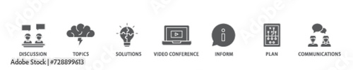 Meeting banner web icon illustration concept with icon of communications, topics, solutions, plan, inform and video conference  icon live stroke and easy to edit 