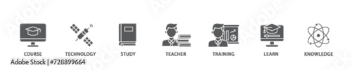 Online education banner web icon illustration concept with icon of course, technology, study, teacher, training, learn and knowledge icon live stroke and easy to edit 